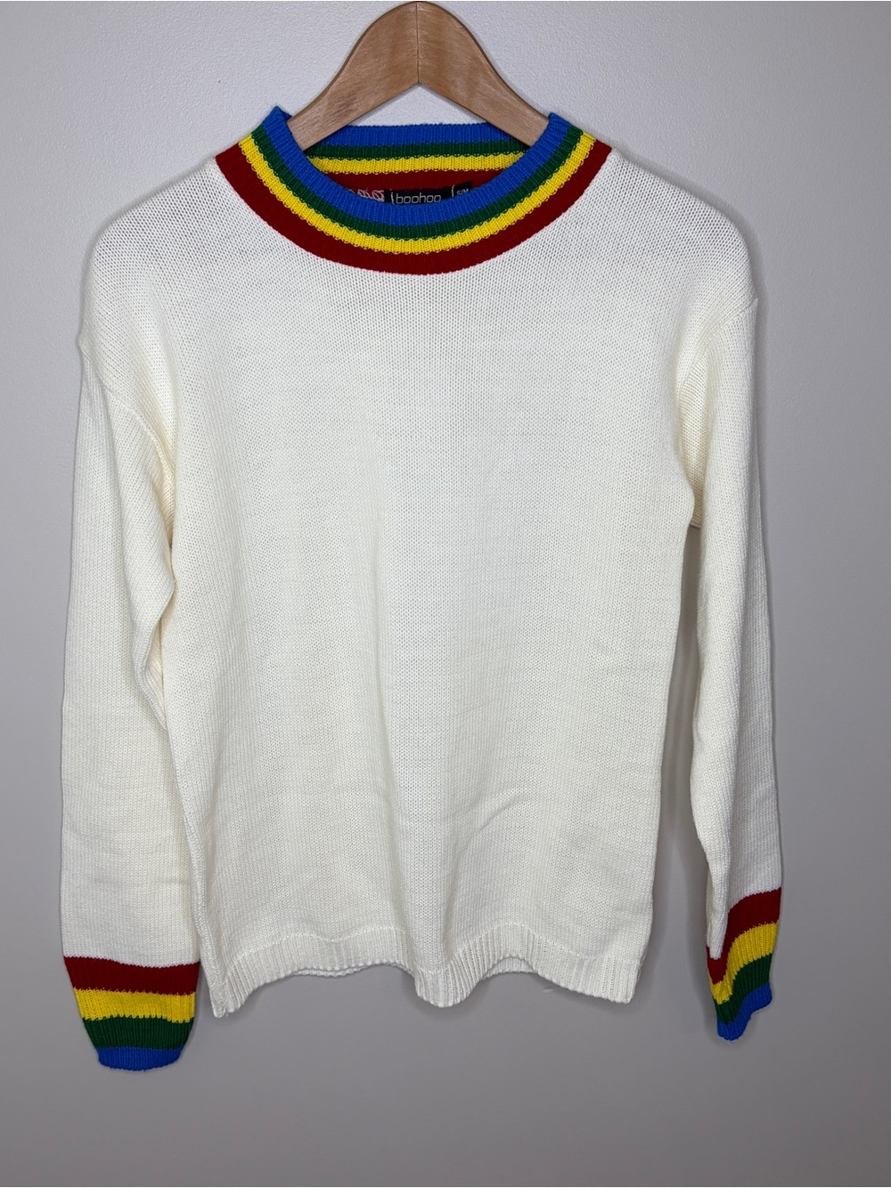 Boohoo Cream Crewneck Sweater with Rainbow Trim S/M